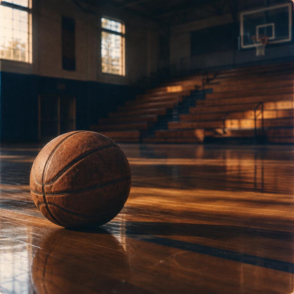 A weathered basketball on a polished wooden gym floor